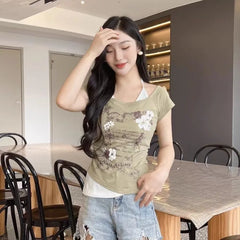 Lunivop Y2k Street Vintage Fake Two Piece Halter T-shirt Sexy Short Sleeve Slim Fit Tee Shirt 2025 Summer New Top for Women