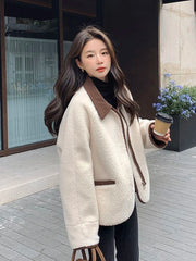 Lunivop Streetwear Y2K Faux Lamb Coat Women Vintage Loose Design Faux Suede Inside Jacket Casual American Retro Fall Winter Harajuku Top