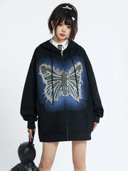 Lunivop Vintage Women Y2K Hoodies Bufferfly Loose Long Sleeve Streetwear Sweatshirts Harajuku Casual Fall Lady Retro American Tops