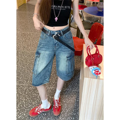 Lunivop Blue Women's Shorts Jeans High Waist Straight Pants TIKTOK Streetwear Y2K 90s Vintage Female Wide Leg Denim Five Points Trouser