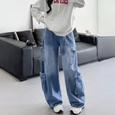 Lunivop American Hip Hop Big Pocket Cargo Jeans Women Autumn Winter Oversized Wide Leg Jeans Popular Vintage Blue Denim Pants Mujer