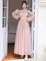 Lunivop Women's Fashion Dress Stand Collar Mesh Sleeves Rhinestone Folds Folds Slim Mid-calf Dresses Spring 2025 New Tide