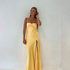 Lunivop Elegant Satin Yellow Dresses For Women Party Spaghetti Strap Backless Split Long Maxi Dress Women Summer