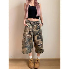 Lunivop American Vintage Hole Camouflage Shorts 2025 Summer Casual Calf- Length Pants Straight Loose Wide Leg Jeans for Women