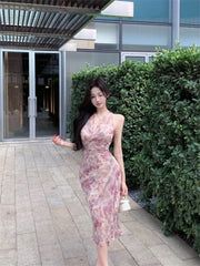 Lunivop Woman Dress Floral Printed Sleeveless V Neck Halter Slim Vintage Split Temperament Party Dresses French Style Chic