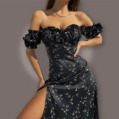 Lunivop Female Dress Dress Straight Shoulder Agaric Edge Florals Buttons Down Ruched Sweetheart Neck Sleeveless Midi Woman Clothing