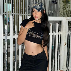 Lunivop Y2k Clothes Vintage Cartoon Rhinestones Aesthetic WomenTops Fairy Grunge Graphic T Shirts Slim Super Short Style Top