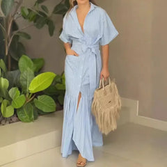 Lunivop Striped Shirt Dress Women with Sashes Summer Beach Woman Half High Waist Turn-down Collar Pocket A-Line Sundress