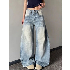 Lunivop Women's Vintage Washed Denim Pants American Retro Baggy Y2K Wide Leg Jeans Woman High Waisted Light Blue Cowboy Sickle Trousers