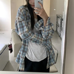 Lunivop Korean Retro Contrast Color Plaid Loose Long-sleeved Shirt Women 2024 Autumn New Polo Collar Multi-button Casual All-match Tops