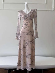 Lunivop French Women's Printing Design Dresses V Neck High Waist Long Sleeve Slim Elegant Dress Female Autumn 2025 New