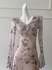 Lunivop French Women's Printing Design Dresses V Neck High Waist Long Sleeve Slim Elegant Dress Female Autumn 2025 New