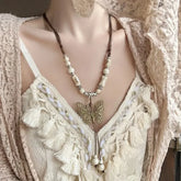 Lunivop Ethnic Style Butterfly Bead Necklaces Vintage Silver Color Long Sweater Chain Necklace for Women Exquisite Birthday Jewelry Gift
