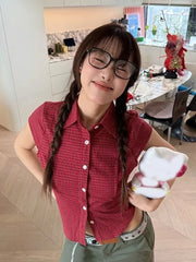 Lunivop Pure Cotton Red Plaid Shirt Women Slim Sexy Cropped Short Sleeve Y2K Blouse Vintage American Streetwear Female Summer Tops