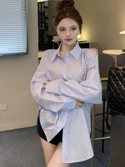 Lunivop Hollow Out Striped Shirt Women Casual Korean Loose Long Sleeve Blouse Vintage Female Sexy Off Shoulder Elegant Tops Spring