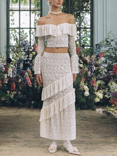 Lunivop Sexy Transparent Lace Two Piece Sets Women Skirt Suit White Flare Sleeve T-shirt Long Skirt Autumn New Elegant Skirt Set