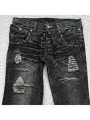 Lunivop Vintage Double Waisted Lace Up Micro Women Flared Jeans Y2K Washed Wide Leg American Style Denim Pants Baggy Streetwear