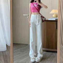 Lunivop Fashion Artistic Lightweight Women Trendy Wide-legged Pants Simple Style Solid High-Waist Design Suitable Casual White Trousers