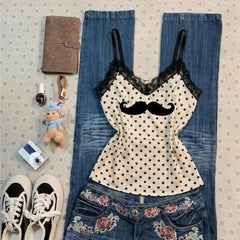 Lunivop American Vintage Polka Dot Y2K Goth T-shirt Print Lace Patchwork Slim Crop Top Sleeveless Sling Elegant Casual New Tees