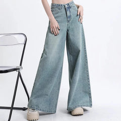 Lunivop Women High Waist Korean Slacks Wide Leg Jeans Girls Punk 90s Vintage Denim Straight Leg Pants Female Light Blue Baggy Trousers