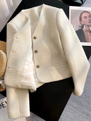 Lunivop Slim Elegant Tweed Jacket Women Vintage Long Sleeve Sweet Short Coat French Casual Vintage Lady V Neck Single Breasted Tops