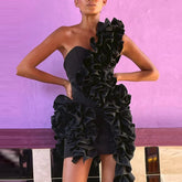 Lunivop Designs Satin Mini Prom Party Dress One Shoulder Handmade Flowers Short Cocktail Gowns Pretty Ruffles Homecoming Dresses