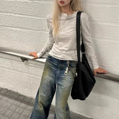 Lunivop O-neck Button Solid Color All Match Long-sleeved T-shirt Women Autumn New High Street Fashion Rhinestone Casual Tops