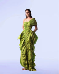 Lunivop Green Pleated Evening Dresses One Shoulder Side Slit Pleats Satin Mermaid Formal Prom Dress Princess Ruffle Celebrity Party Gown