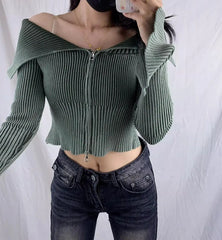 Lunivop American Retro Gradient Color Rib Knitted Off the Shoulder Cardigan Women Zipper Up Flare Sleeve Slim Stretch Knitwear Jumper