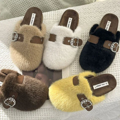 Lunivop Winter Warm Plush Slippers for Women Closed Toe Faux Fur Cotton Shoes Woman Fashion Buckle Lightweight Flat Mules Shoes