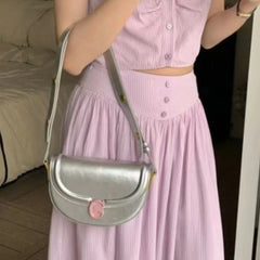 Lunivop Hot Girl Retro Silver Saddle Bag Women Contrast Pink Buckle Large Capacity Shoulder Bag Ladies Fashion Y2k Chic Underarm Bag New