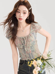 Lunivop Sweet Floral Cropped T Shirt Women Slim Sexy Puffy Sleeve Tees Korean Vintage Square Collar Female Lace Up Tops Summer New