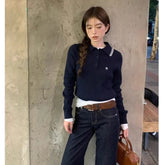 Lunivop Preppy Style Embroidery Sweaters Women Old Money Style Korean Knitted Pullover Vintage Long Sleeve Gray Polo Jumpers