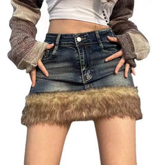 Lunivop Y2k Vintage Denim Skirt Women Sexy Harajuku Fur Patchwork Mini Skirts Retro Slim Up Streetwear A-line Short Skirts