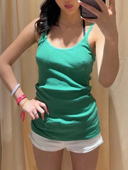 Lunivop Women's Green Slim Camisole Streetwear Casual Simple Lace Trim Cotton Ribbed Sleeveless Vest Vintage Chic Preppy Style Tank Tops