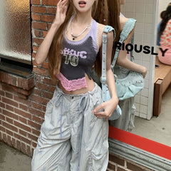 Lunivop Summer New Korean Letter Printed Lace Patchwork Sexy Camisole Women + High Waist Drawstring Striped Pants Two-piece Suit