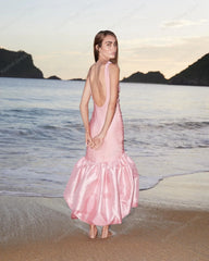 Lunivop Sweet Pink Pleated Satin Prom Dress Hi Low Long Beach Dresses Backless Formal Gown With Pleate Ruffle Bottom Vestidos De Novia