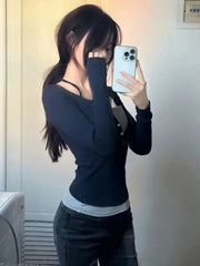 Lunivop Y2k Retro Fashion Color Contrast Long Sleeve Fake Two-Piece T-Shirt For Women Harajuku Street Wear V-Neck Slim Long Sleeve