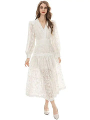 Lunivop Luxury Hollow Out Print Spliced Design Long Sleeve Dresses For Women V-neck Lace Loose Dress Spring Clothing