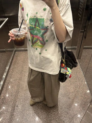 Lunivop T Shirts Women Cartoon Graffiti Printed Loose O Neck Summer 2025 Casual Short Sleeve Y2k Tops Female Fashion Tshirt