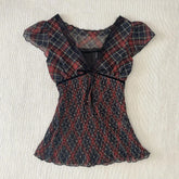 Lunivop V Neck Plaid Vintage Literary T-shirt New Slim Mesh Spice Girls Women Clothing Elegant French Style Casual Soft Shirts