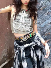 Lunivop Punk Aesthetic Cyber Retro X-ray Skeleton Print Rib Sleeveless Vest ArmyGreen Crop Top Designer Clothes Women Summer Emo