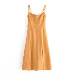 Lunivop Sexy Solid Yellow Corset Style Bow Lacing up Strap Sling Dress Retro French Style Women Hem Slit Midi Long Dresses Holiday Robe