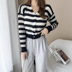 Lunivop Women Striped Knit Cardigan Button Front Long Sleeve V-neck Crop Sweater Jacket Comfy Knitwear French Chic Autumn Winter Outfit