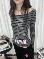 Lunivop Gothic Vintage T-shirt Women Long Sleeve Striped Print Graphic Tops Y2k Japanese 2000s Grunge Tops Streetwear Tshirts