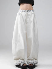 Lunivop Plaid Patchwork Wide Leg Pants Women Loose Vintage Streetwear Straight Trousers High Waist Hip Hop Bf American Retro Pant New