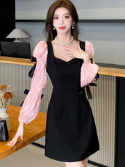 Lunivop Autumn Sweet Princess Party Mini Dress for Women Elegant Rose Floral Bow Puff Sleeve Birthday Prom Vestidos Mujer Female Outfits