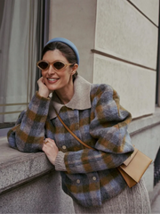 Lunivop Elegant Plaid Puff Sleeve Woolen Coats Women Retro Chic O-neck Double Breasted Jackets Lady Autumn Casual Daily Outwear Tops