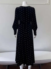 Lunivop French Velvet Diamonds Spliced Black Maxi Dresses For Women V-Neck Lantern Long Sleeve Evening Dress 2025 New Autumn