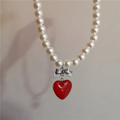 Lunivop Goth Y2K Harajuku Aesthetic Red Glass Heart Love Bowknot Pearl Beads Choker Necklace 2000s EMO Cute Accessories For Women Egirl